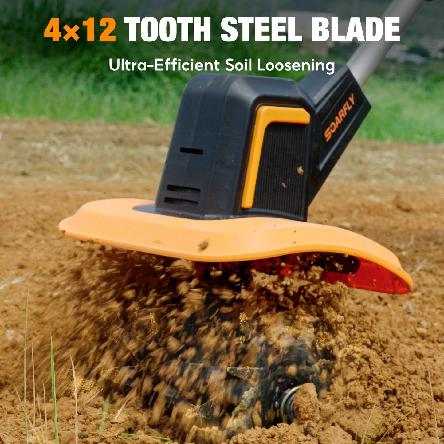 SOARFLY Upgraded Cordless Tiller for Gardening with Dual 2.0Ah Batteries, 48 Steel Tines Battery Rototiller, 9" Width 6.6" Depth Garden Tiller Cultivator for Soil, Tending & Composting (Orange)