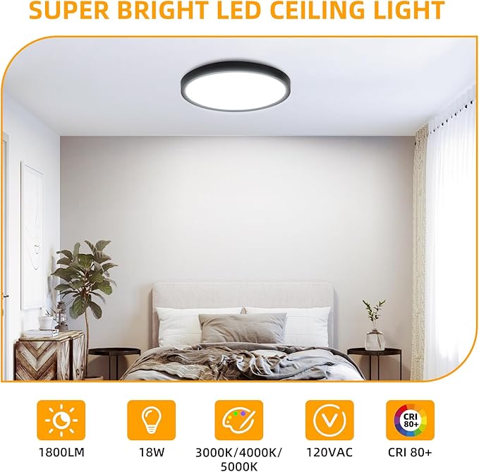 Hlite 6pack 9 Inch Flush Mount LED Ceiling Light Fixture,18W 1800LM Super Slim Light Fixtures Ceiling Mount 3000K/4000K/5000K 3CCT Selectable,Ceiling Light Fixtures for Kitchen,Bedroom(Black)