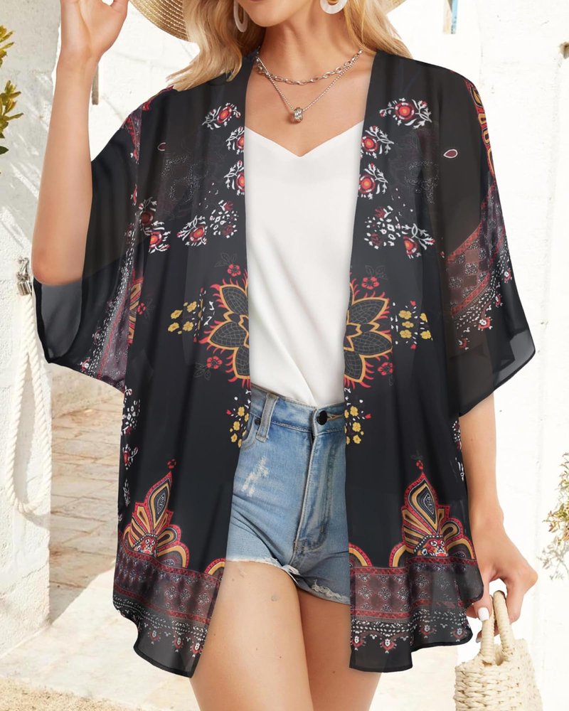 Womens Kimonos Beach Cover Up Chiffon Cardigan Floral Blouse Loose Fit Cape Top Summer Resortwear(Orange Black,XL)