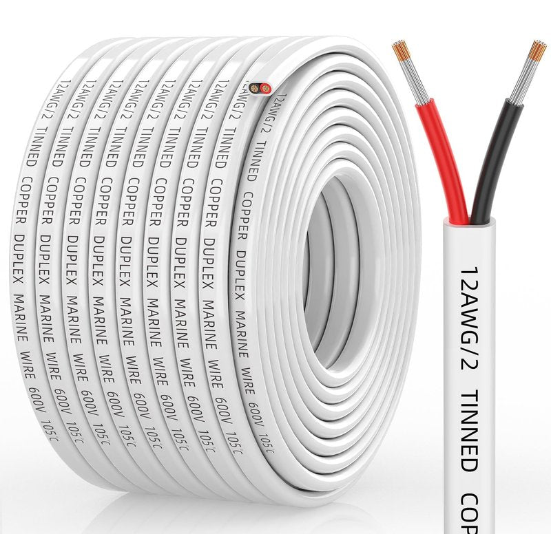 CONEPY 12 Gauge Marine Wire, 12/2 Duplex Marine Grade Cable, IP68 Waterproof/Oxygen-Free Tinned Copper Stranded PVC 12 AWG Wire for Boat, Automotive, RV, Solar, LED Strips (50FT)