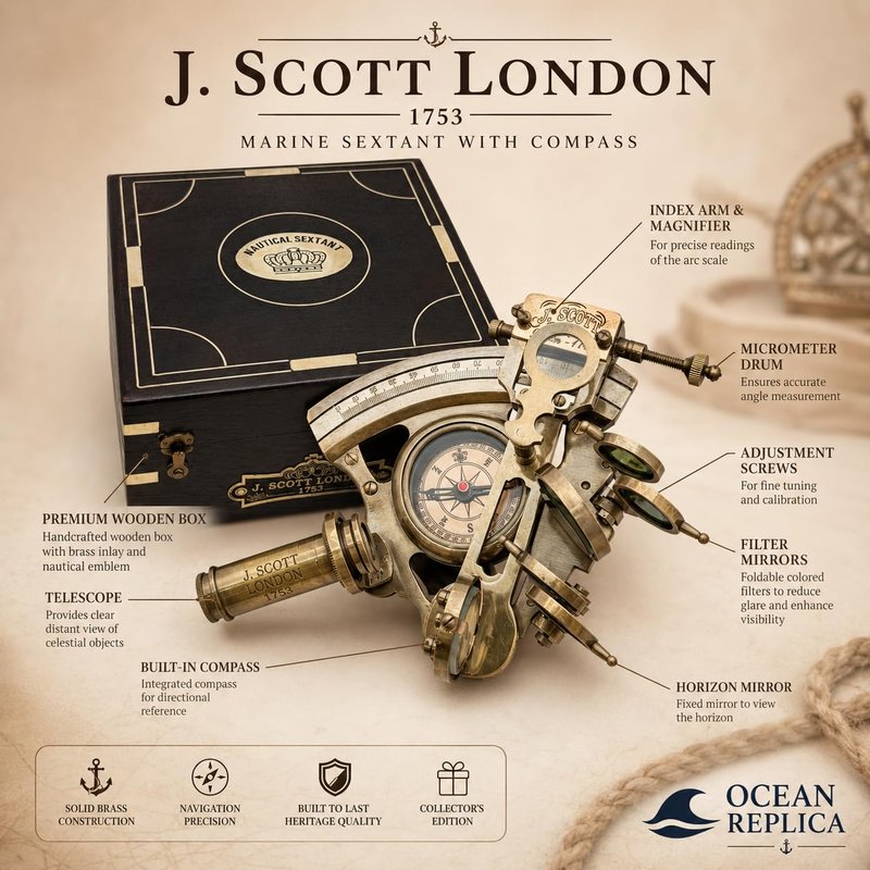 Handmade Astrolabe Brass Sextant inbuild Compass with Hardwood Box.