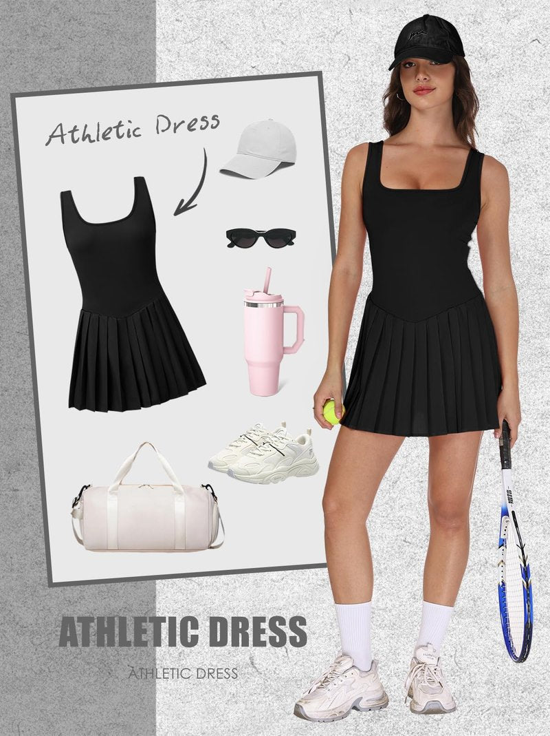 NIASHOT Summer Black Dresses for Women 2026 Athletic Dress with Shorts Sundresses Spring Tennis Dress Mini Graduation Pleated Rompers Pilates Outfits Fitness Fashion Clothing M