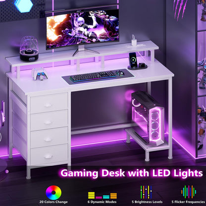 Furologee 47 Inch Computer Desk Gaming with 4 Fabric Drawers with Power Outlets and LED Lights for Home Office with Full Monitor Stand and Shelf Study Table for Small Spaces White
