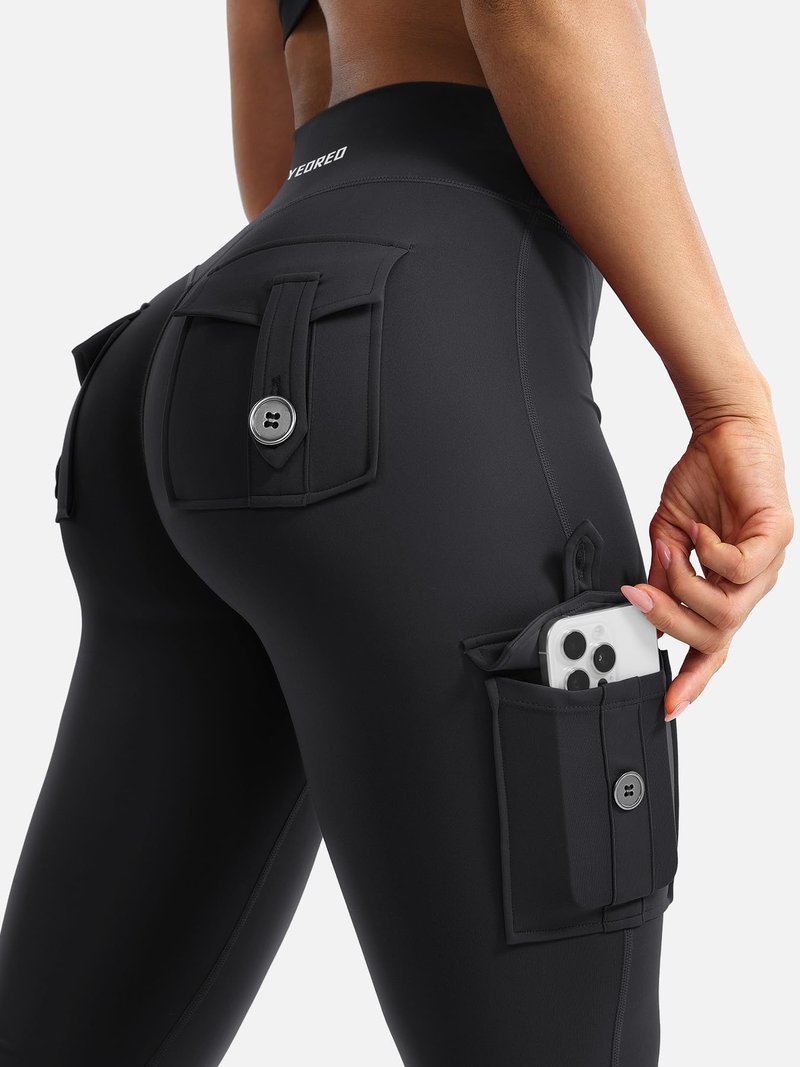 YEOREO CoreFlex Women Workout Flare Leggings with Pockets Scrunch Cargo Gym Yoga Leggings Black XXL
