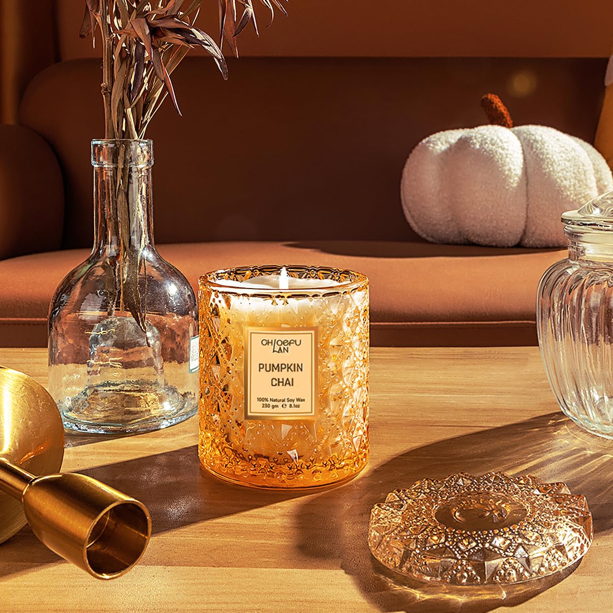 Chloefu LAN Pumpkin Chai Candles Halloween Candle Gift, Farmhouse Candles for Home, Luxury Scented Soy Jar Fall Candle with up to 55 Hour Long Lasting, Home Decor, Barn Fall Decor Pottery, 8.1oz