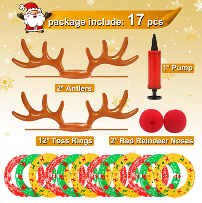 2 Pack Christmas Inflatable Reindeer Antler Ring Toss Games(2 Antlers 12 Rings) for Xmas Party Christmas Games Gifts Reindeer Ring Toss