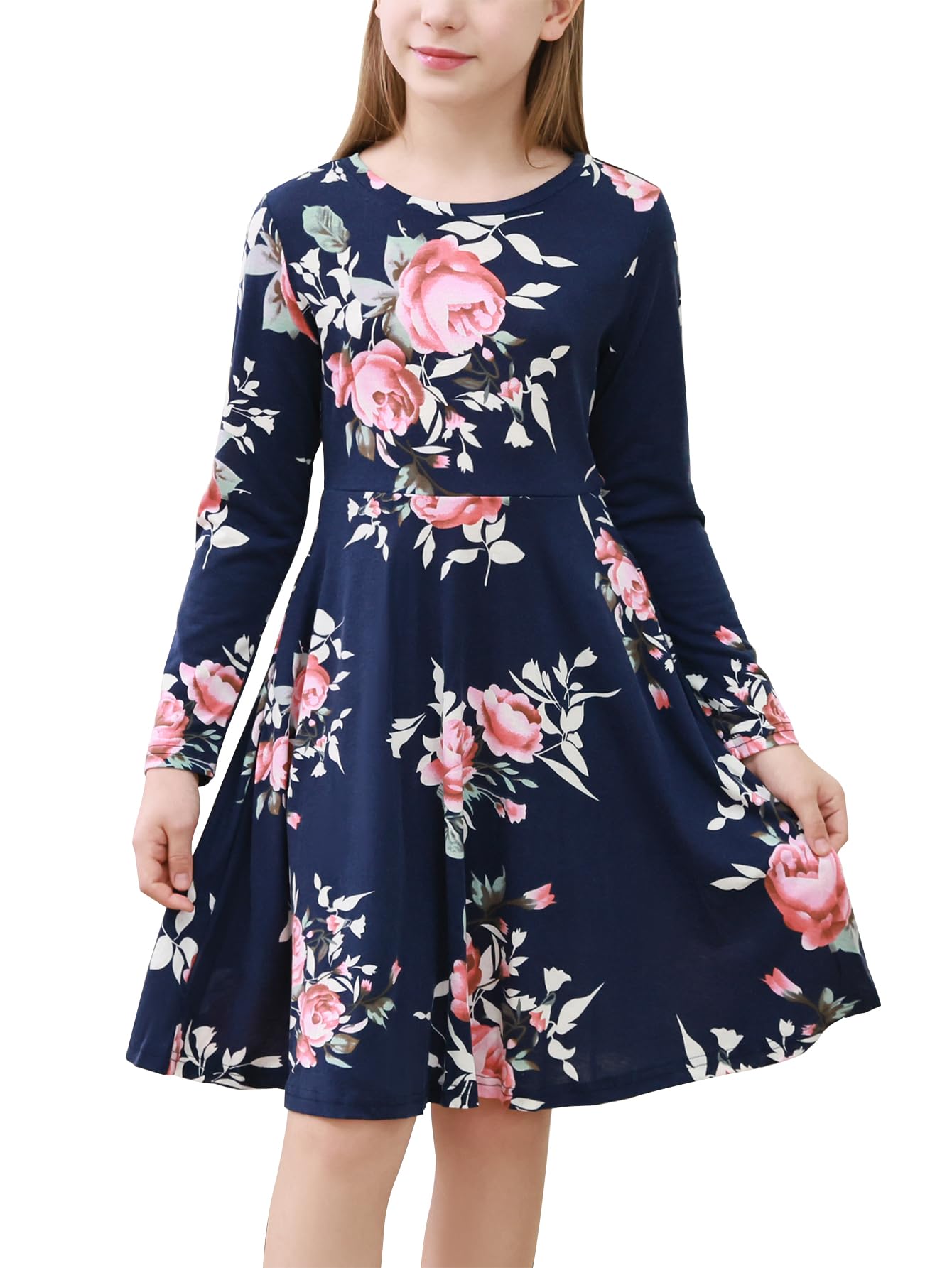 GORLYA Girls Short Sleeve Floral Print Casual Fit and Flare Party Dress with Pockets 4-12 Years (GA1002,10Y,NavyPrint-L)
