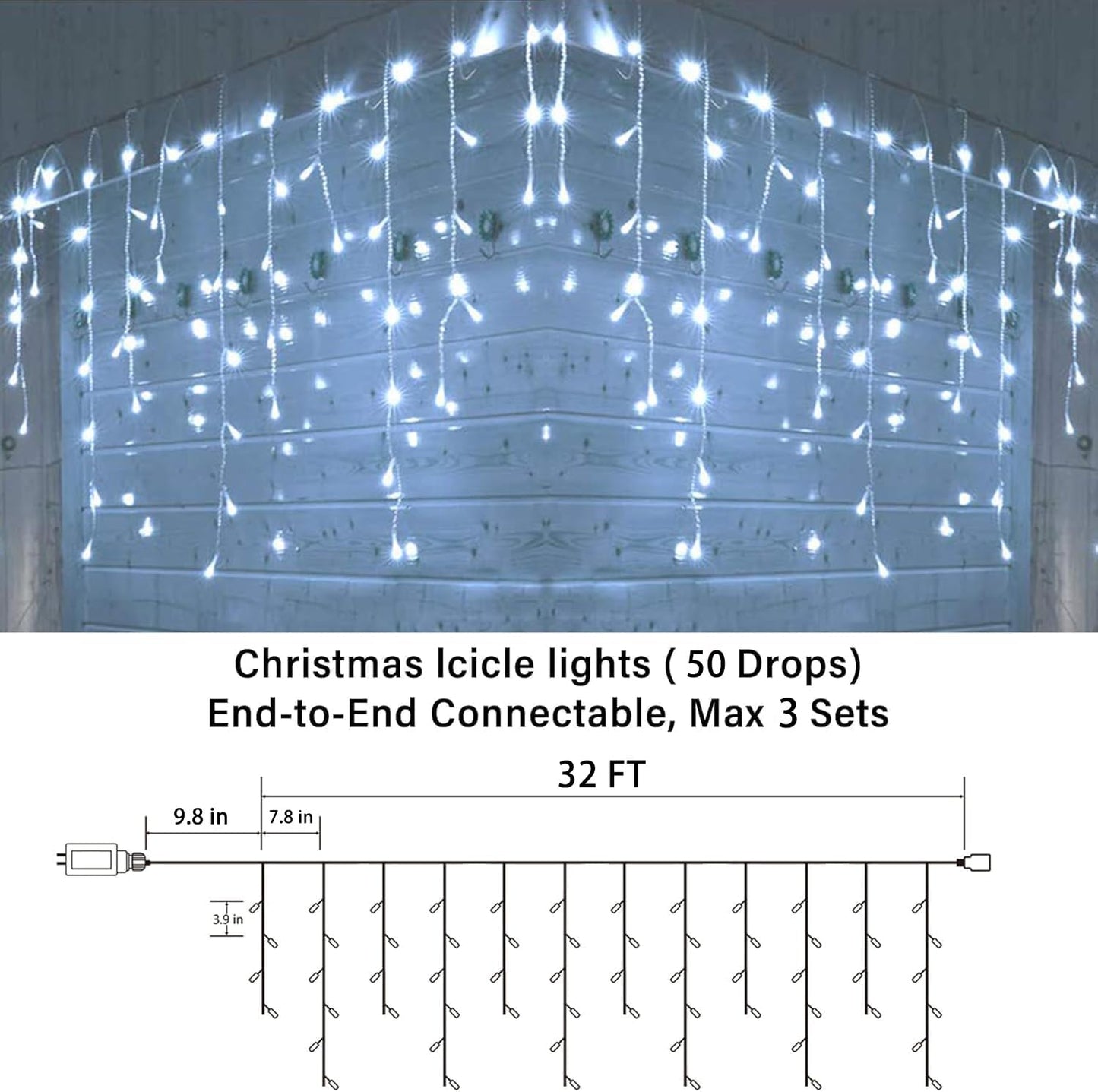 Joomer Christmas Icicle Lights - 32FT Plug in String Lights Waterproof, 8 Modes Timer Connectable Outdoor String Light for Christmas Party, Eaves, Roofs, Xmas Decorations (White)
