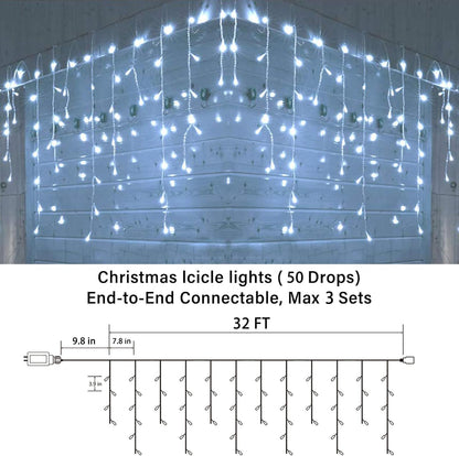 Joomer Christmas Icicle Lights - 32FT Plug in String Lights Waterproof, 8 Modes Timer Connectable Outdoor String Light for Christmas Party, Eaves, Roofs, Xmas Decorations (White)