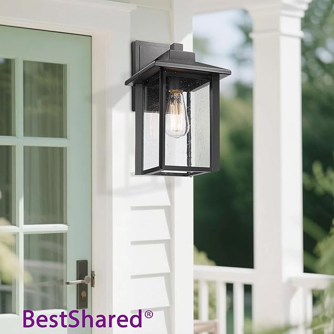 Bestshared Outdoor Wall Lights, Outside Sconce Light, Exterior Lighting Fixture, Outdoor Wall Lantern, Black Porch Lamp with Seeded Glass for Entryway, Garage (Black, 14.9" H)