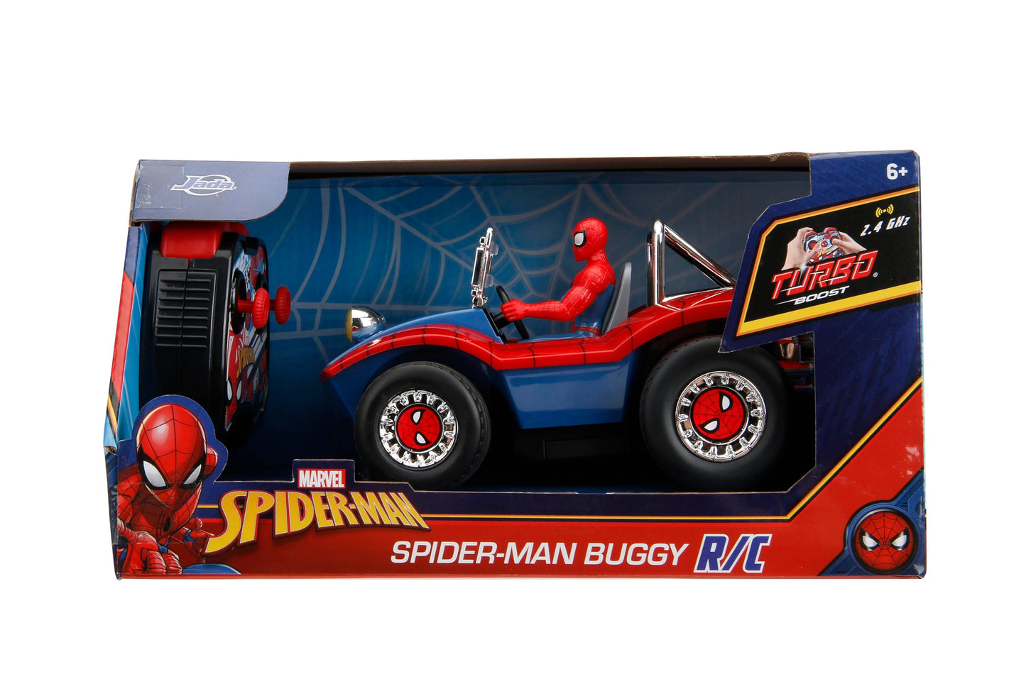 Jada Spider-Man Buggy RC with Non-Removable Spider-Man Figure – 7", Turbo Button, Full-Function Remote Control, Ages 6+, Red/Blue