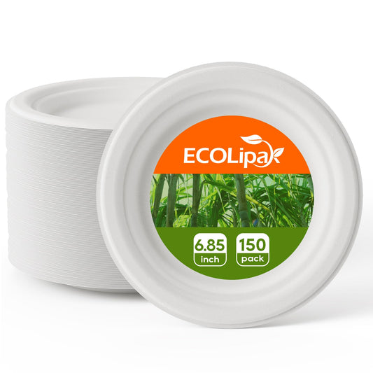 ECOLipak 6.85 Inch Compostable Dessert Paper Plates, 150 Pack Disposable Biodegradable Heavy Duty Eco-friendly Sugarcane Bagasse Halloween Plates for Party