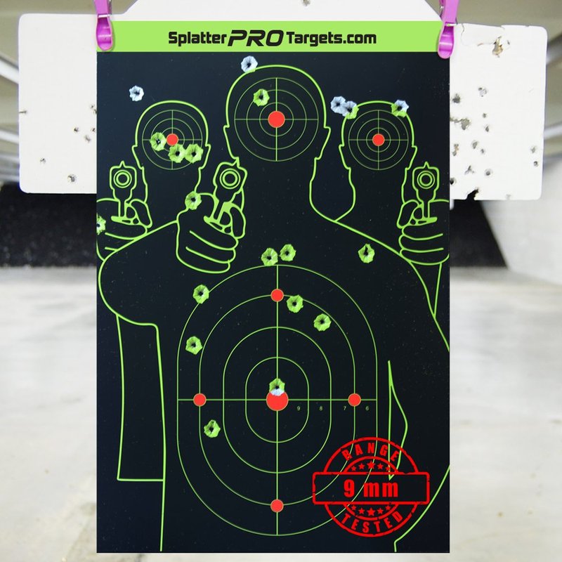 12x18 Splatter Targets. Fully Reactive Targets. See Your Hits and Your Misses! Shots Burst with a Bright Splatter Upon Impact. Instantly See Your Shots. Printed on a Heavy Duty Card Stock.