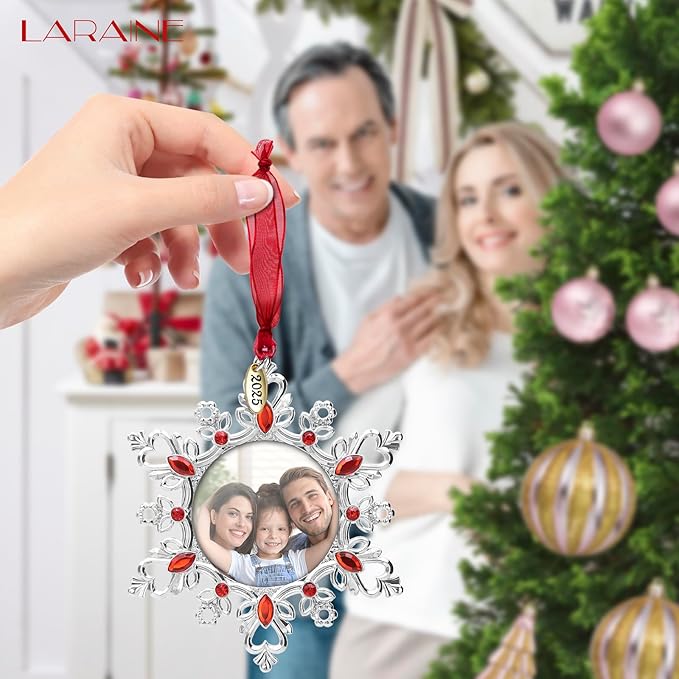 Laraine Christmas Tree Ornaments – Decorative Hanging 2025 Holiday Keepsake Gift Snowflake Pendant with 2” Photo Frame Insert for Picture of Pet (Snowflake Ruby (2025))