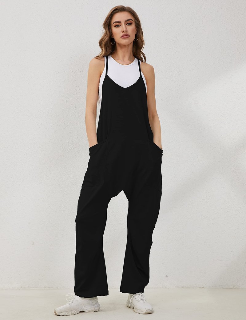 Lentta Women's Causal Jumpsuits V Neck Sleeveless Harem Overalls Stretchy Adjustable Strap Romper with Pockets(Black-L)