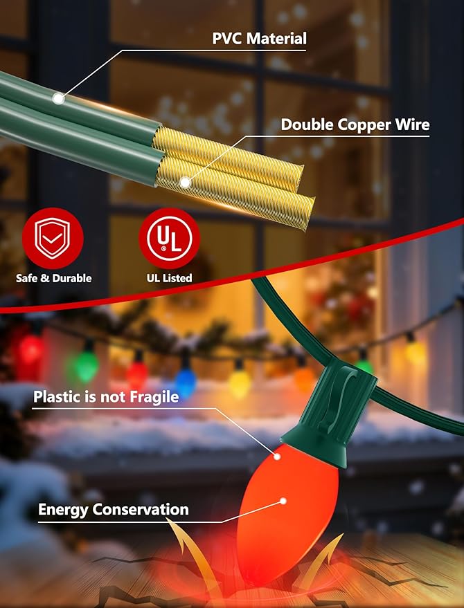 C7 LED Christmas Lights Outdoor,25FT Multicolor C7 Christmas Lights Indoor with 27 0.6w Bulb Fit E12 Base,Xmas Light Outdoor for House, Yard, Garden, Christmas Tree Decoration, Green Wire