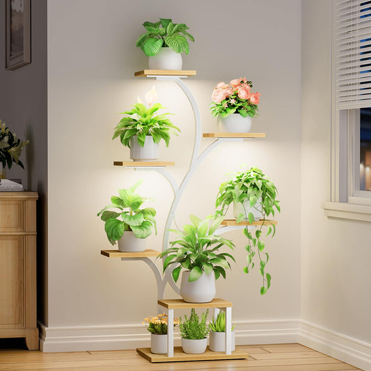 BACEKOLL Plant Stand Indoor with Grow Lights, 7 Tiered Indoor Plant Shelf, 49" Corner Plant Stands for Indoor Plants, Metal Plant Flower Display Shelf, Tree-Shaped Plant Rack for Home, Patio, Natural