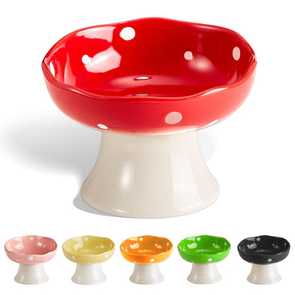 Ceramic Elevated Mushroom Cat Bowls, Tilted Raised Pet Dish Anti Vomit Kitten Bowl for Indoor Cats, Whisker Friendly Pet Food and Water Bowl for Kitten, Cat, Puppies, Dishwasher Safe (Red)