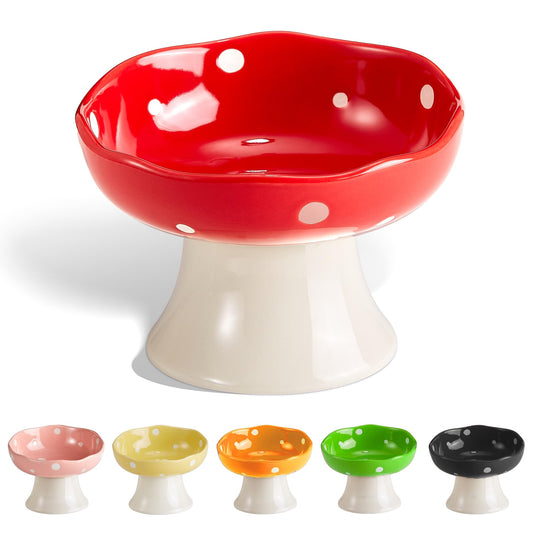 Ceramic Elevated Mushroom Cat Bowls, Tilted Raised Pet Dish Anti Vomit Kitten Bowl for Indoor Cats, Whisker Friendly Pet Food and Water Bowl for Kitten, Cat, Puppies, Dishwasher Safe (Red)