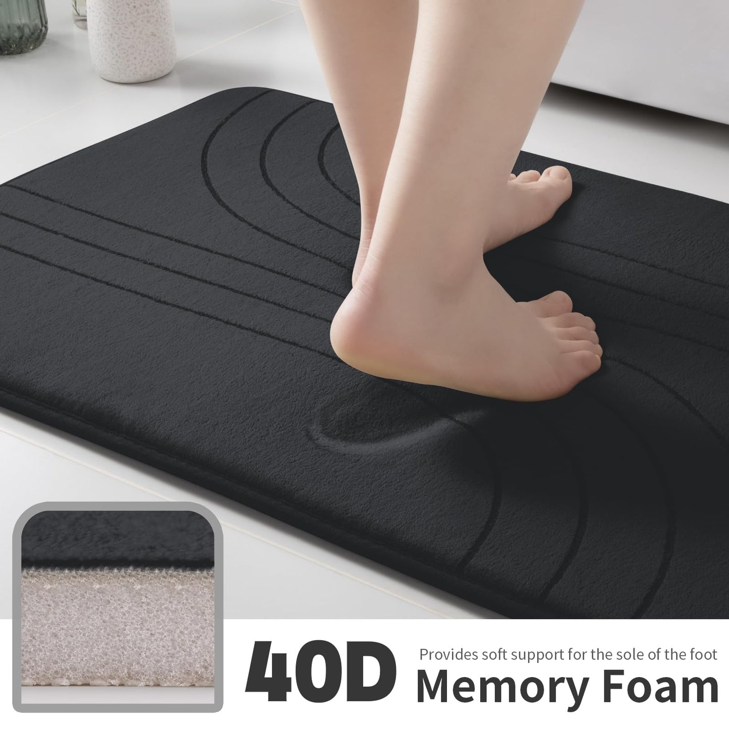 YIHOUSE Memory Foam Bathroom Rugs Set 4 Pieces, Soft Non Slip Bathroom Mats Set, Extra Thick Bath Mats for Bath Room, Machine Washable Bath Rugs for Tub, Toilet and Floor (Black)