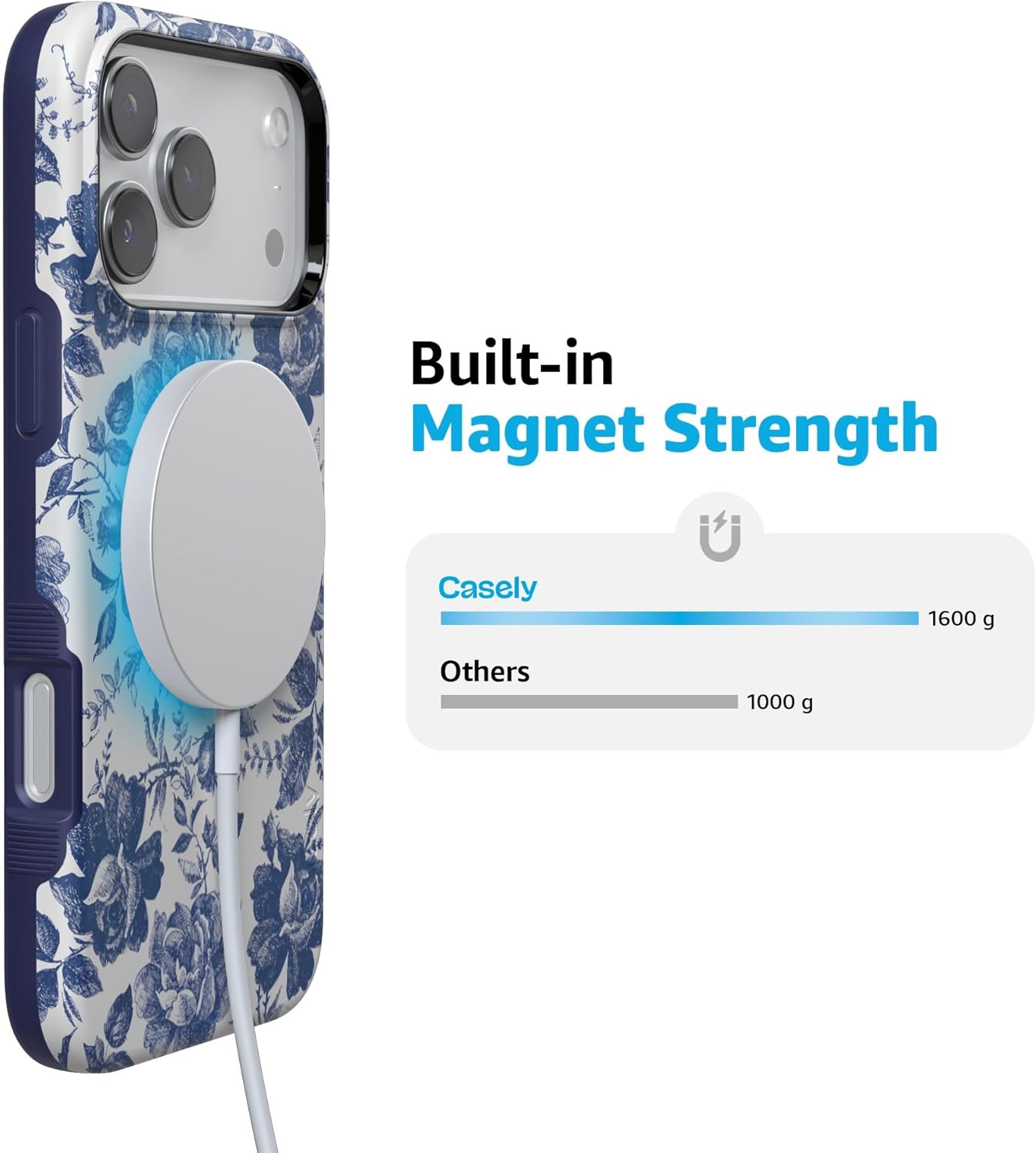 Casely iPhone 17 Pro Max Case | Rose to Fame | Blue & White Rose Floral | Compatible with MagSafe | Bold Protective Design