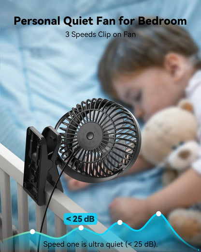 GEHEN Clip-On Fan with Sturdy Clamp, USB-Powered Fan 3-Speed, Ultra-Quiet Operation Ideal for Bedroom, Office, & Stroller