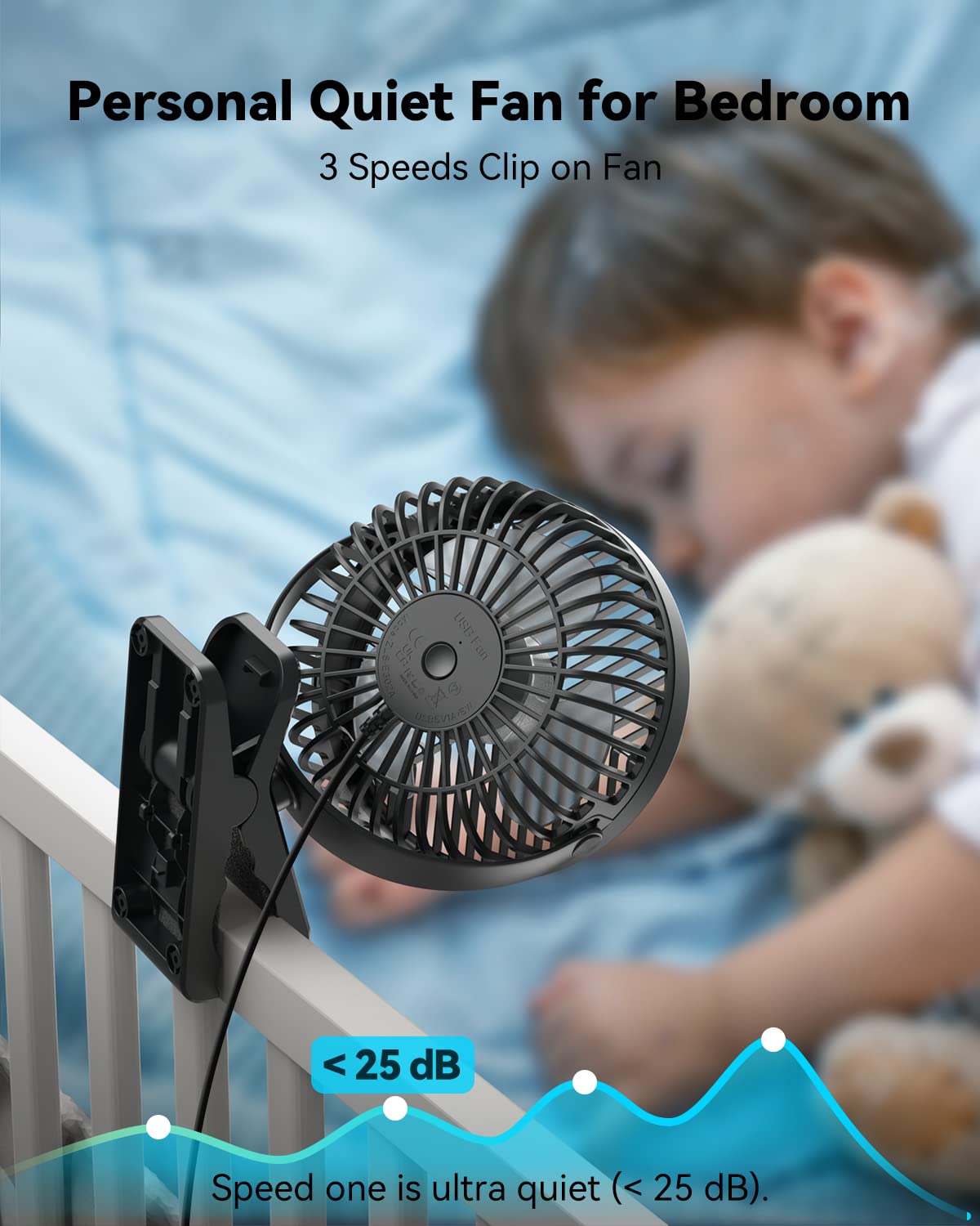 GEHEN Clip-On Fan with Sturdy Clamp, USB-Powered Fan 3-Speed, Ultra-Quiet Operation Ideal for Bedroom, Office, & Stroller