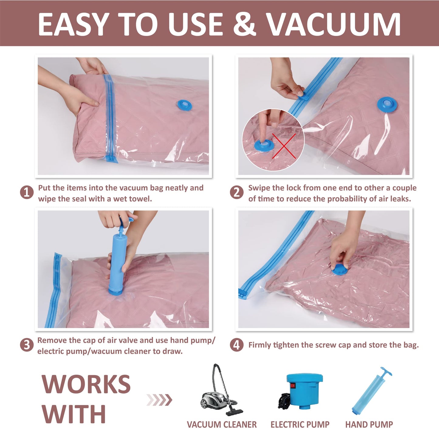 10 Space Saver Vacuum Sealed Storage Bags (2 Jumbo/2 Large/3 Medium/3 Small) with Hand Pump, Seal Bags for Clothing, Comforters, Pillows, Towel, Blanket Storage, Bedding