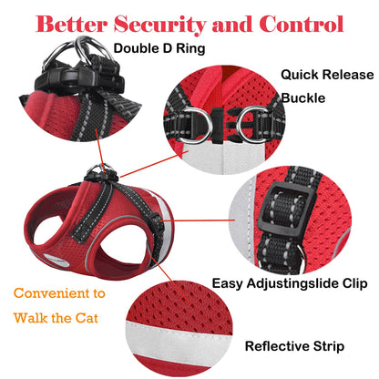 Cat Harness and Leash for Walking, Kitten Escape Proof Harnesses, Adjustable Reflective Puppy Harness with Leashes Set, Easy Adjustable Soft net Breathable Pet Safety Vest