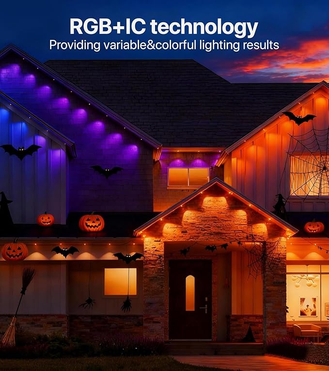 50FT RGB+IC LED Permanent Outdoor Lights, Eave Lights with Smart APP & Remote Control, 72 Scene Modes, Waterproof IP65 for Holiday Christmas Decorations(Extension Cord Not Included)
