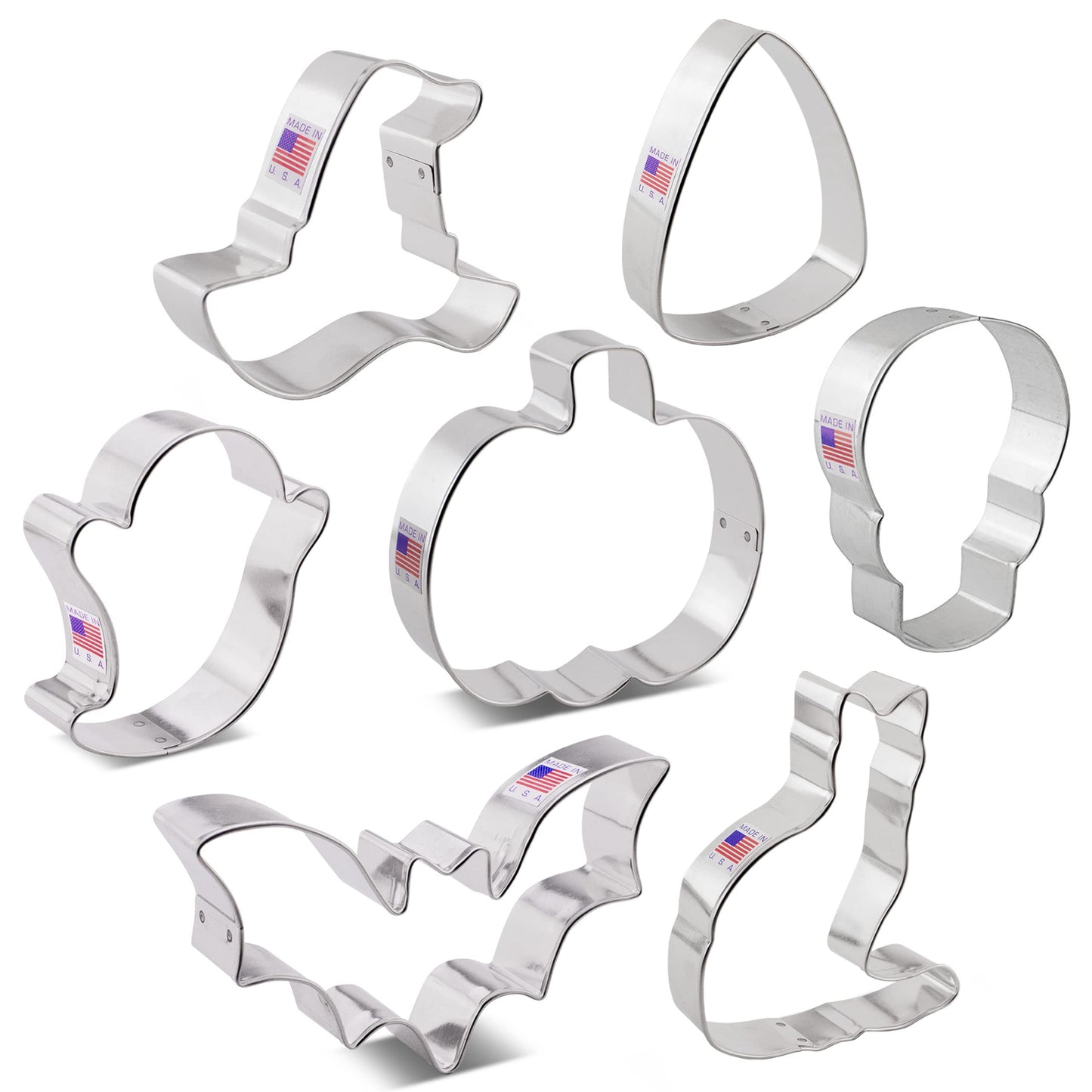 Ann Clark Cookie Cutters Halloween Cookie Cutters 7-Pc. Set Made in USA, Pumpkin, Ghost, Bat, Candy Corn, Skull, Black Cat, Witch Hat