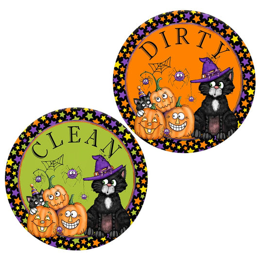 Dishwasher Magnet,Clean Dirty Sign Indicator- Double Sided Magnet with Magnetic Plate, Kitchen Dish Washer Refrigerator Reversible Indicator Haloween Cat