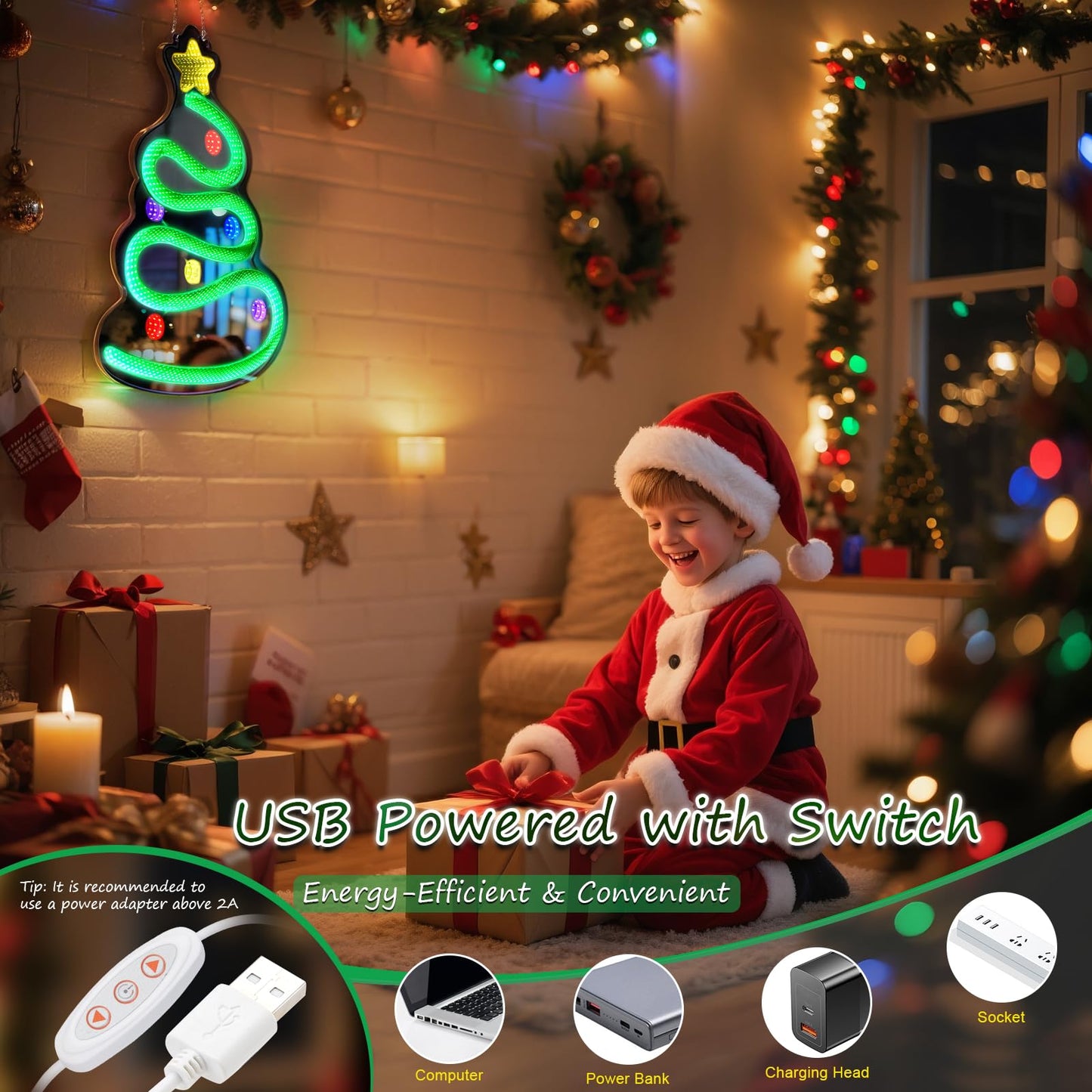 FITNATE 3D Infinity Mirror Light Christmas Tree LED Sign, 19.7x15.4 Inch Wall Decor with 10 Brightness Modes, Holiday Light Up Decoration for Home, Christmas Party