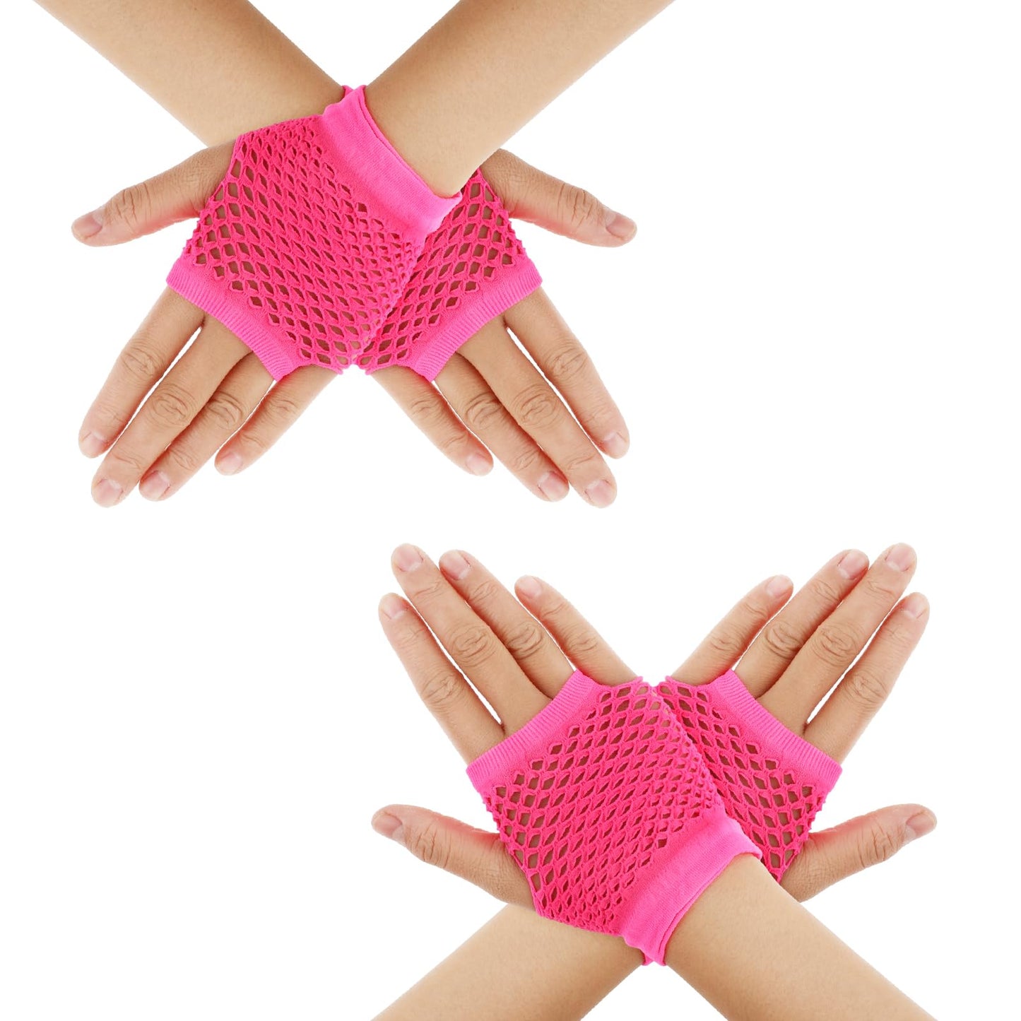 DIVINA VITAE 2 Pairs Pink Fingerless Fishnet Gloves Women 80s Short Stretch Mesh Gloves Retro Nylon Fish Net Fingerless Gloves for 80's Theme Party Halloween Cosplay Women Costume Accessories