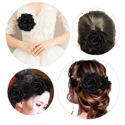 Topbuti Rose Hair Clip Flower Hairpin Brooch, 4 Pcs Fabric Floral Clips Mexican Hair Flowers Pin up Headpieces for Woman Girl Wedding Party Mother's Day (Black)