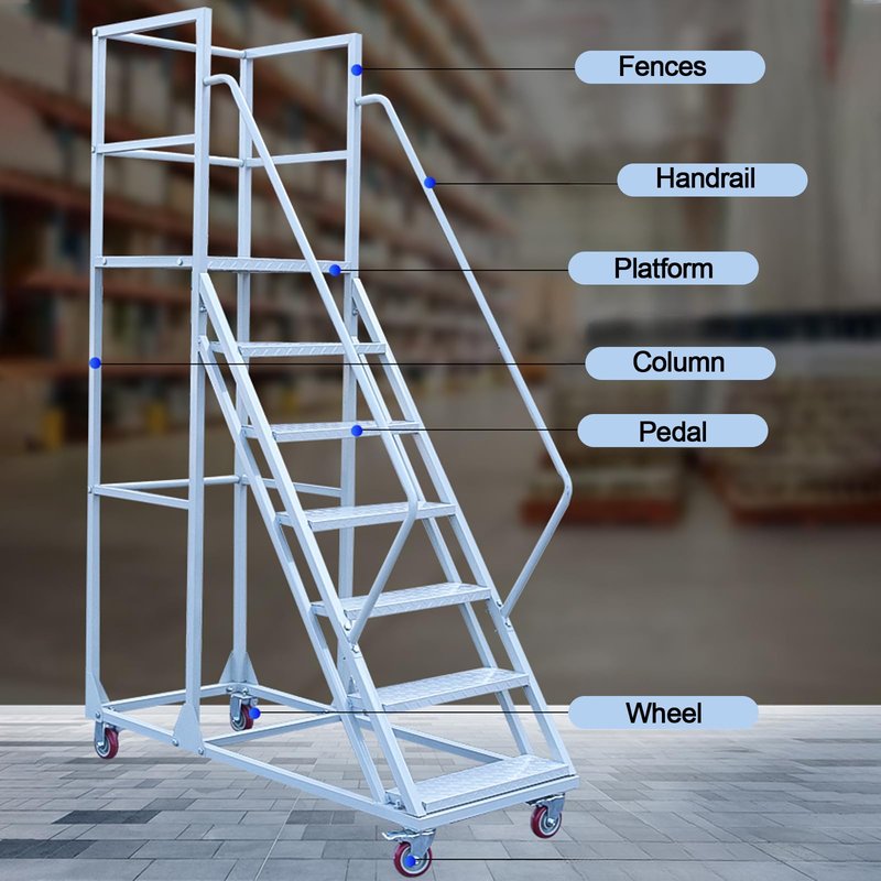4-Step Rolling Warehouse Step Ladder, Lockable Wheels, Non-Slip Wide Steps, Dual Handrails, Movable Platform Ladder, Rolling Stairs for Warehouse, Supermarket, Library (White, 4 Steps)