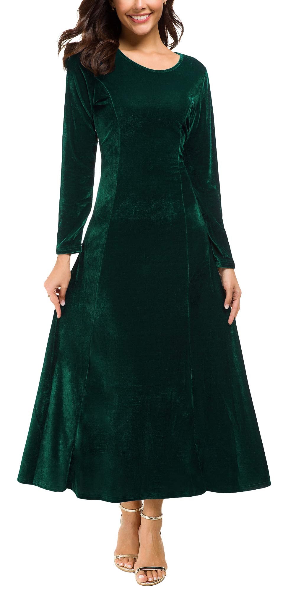 Urban CoCo Women's Elegant Long Sleeve Ruched Velvet Stretchy Long Dress (L, Green)