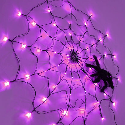 FUNPENY Halloween 80 LED Spider Web Lights with Spider, Battery Powered 8 Modes Light up Cobweb Halloween Decorations for Indoor Ourdoor Garden Yard Home Patio (Purple)