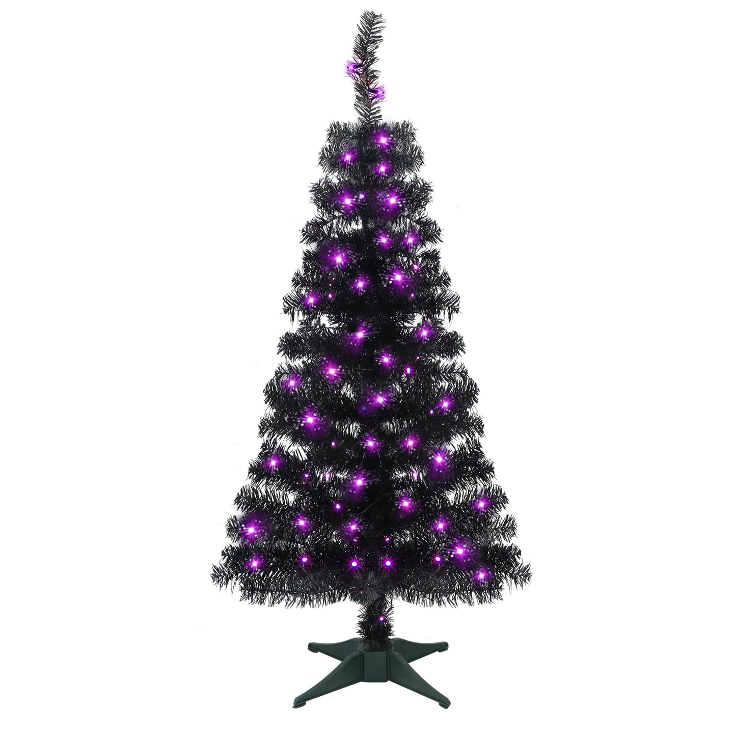 Juegoal Lighted Artificial Halloween Black Christmas Tree, 4FT Black Tinsel Pine Tree with 70 LED Purple Lights, 8 Modes & Timer for Home Party Decorations