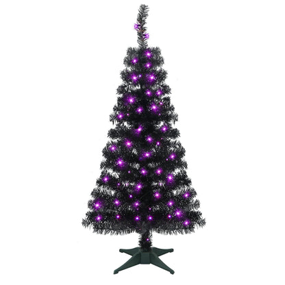 Juegoal Lighted Artificial Halloween Black Christmas Tree, 4FT Black Tinsel Pine Tree with 70 LED Purple Lights, 8 Modes & Timer for Home Party Decorations