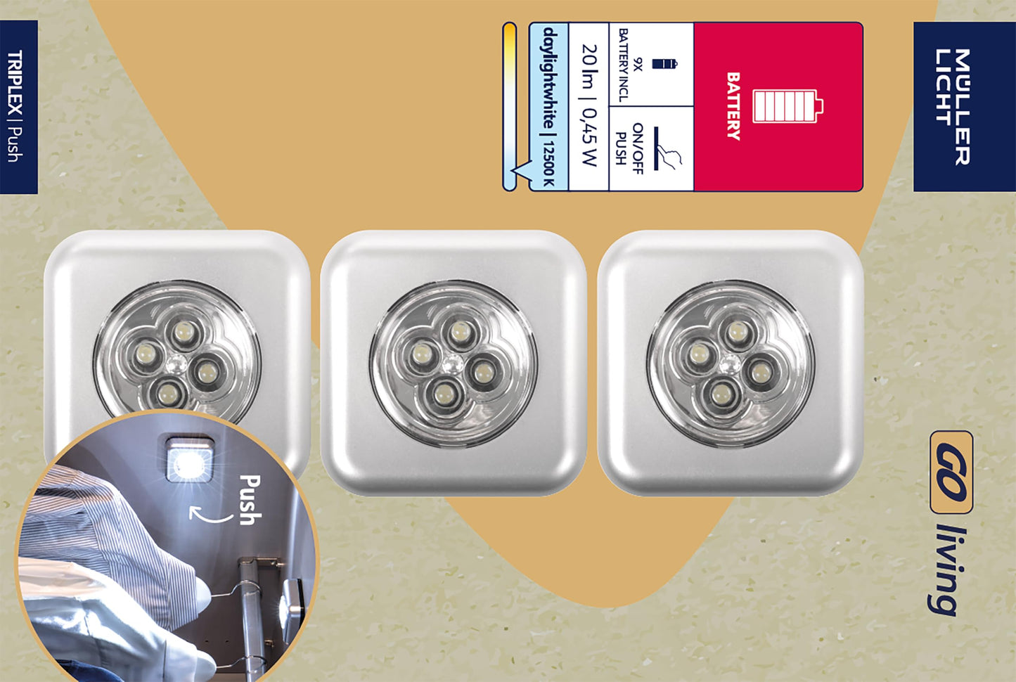 Müller-Licht 400136 LED Battery Pressure Light Set of 3 Including Adhesive Pad and 3 AAA Batteries 0.5 Watt Plastic Silver 6.8 x 6.8 x 2.5 cm