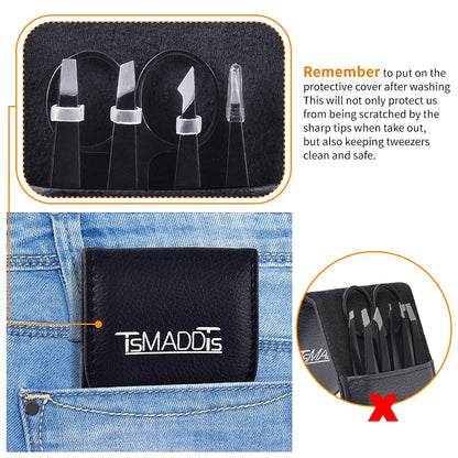 TsMADDTs 6 PCS Tweezers Set for Women, Eyebrow Tweezers with Curved Scissor for Ingrown Hair, Hair Plucking Daily Beauty Tools with Leather Travel Case