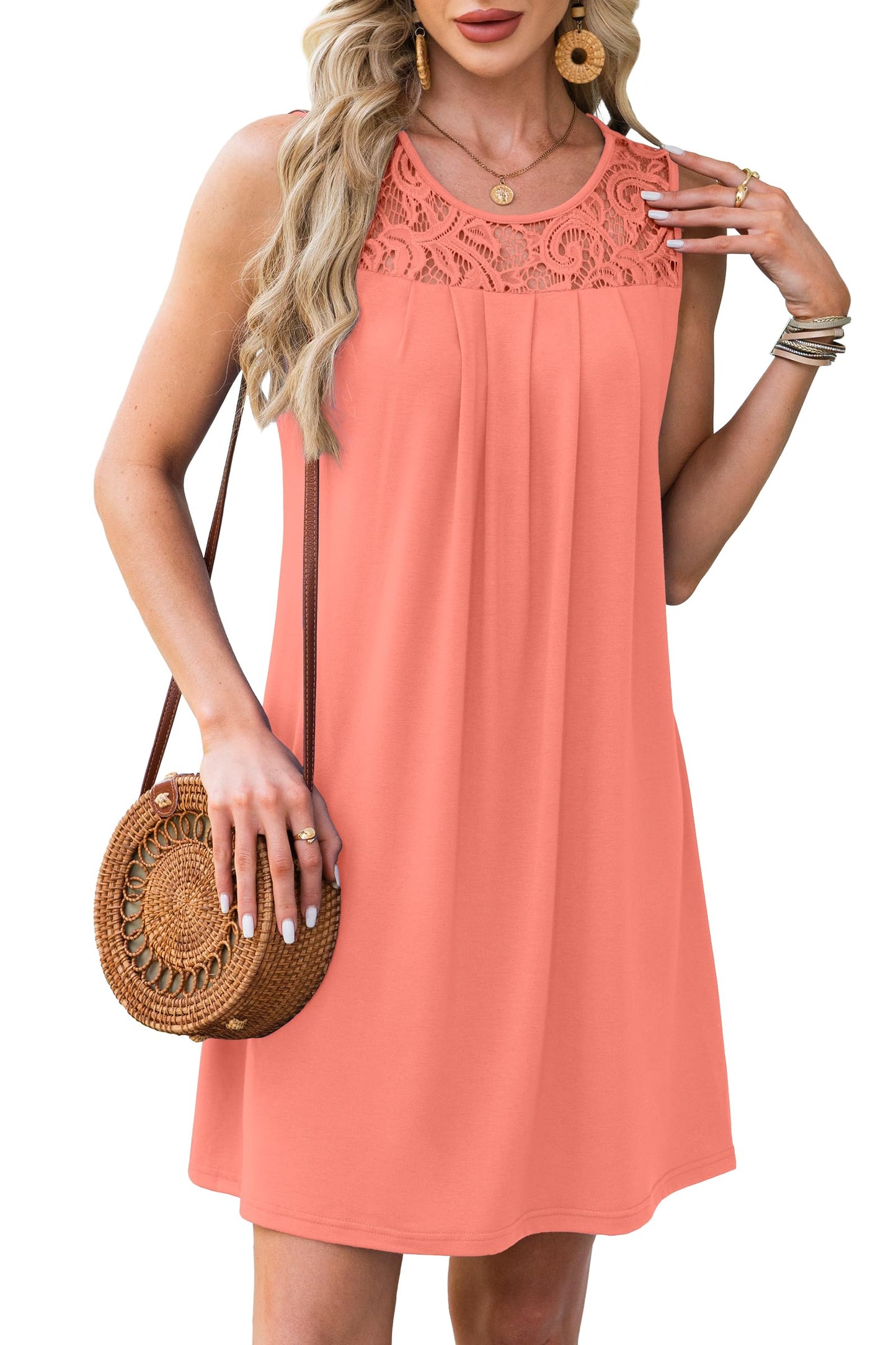 BKRIVE Sundresses for Women 2025 Vacation Sleeveless Pleated Beach Cover Up Summer Dresses Loose Short Dress Coral L