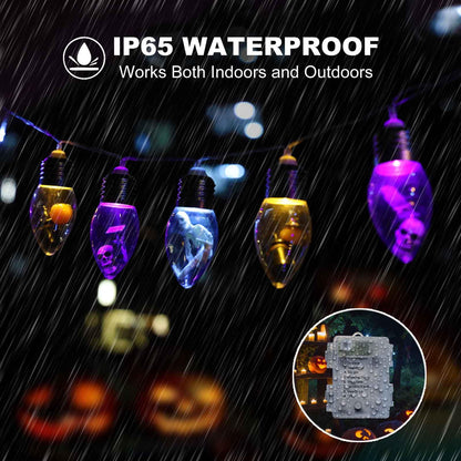 Halloween Bulb String Lights Decorations, Battery Operated Powerd 8.2 FT 12 LED Orange Purple White Skeleton Pumpkin Tombstone Spooky Cute Timer 8 Lighting Modes Twinkle Indoor Outdoor Window Decor