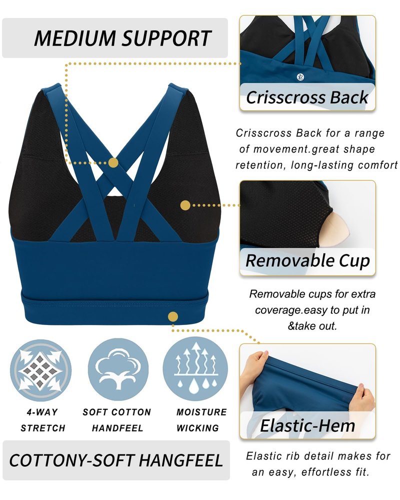 RUNNING GIRL Sports Bra for Women, Criss-Cross Back Padded Strappy Sports Bras Medium Support Yoga Bra with Removable Cups(2575_Navy Blue_3XL)