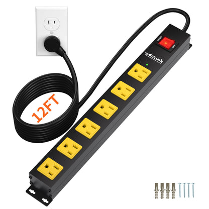 Power Strip 2700J Surge Protector, 6 Outlet Heavy Duty Power Strips with Flat Plug and 6FT Long Cord, Wall Mountable Metal Outlet Strip for Desk, Garage, Workbench and Kitchen