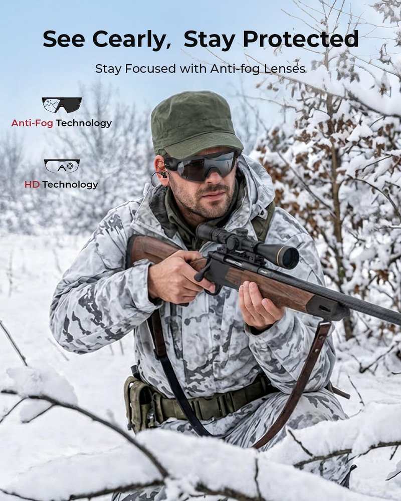 ONNAIS Shooting Glasses with Earplugs - ANSI Z87.1+ Safety Glasses with Detachable NRR 32dB Earplugs, Anti-Fog Eye Protection for Gun Range, Industrial Work, Cycling, Gifts for Men Women, Black