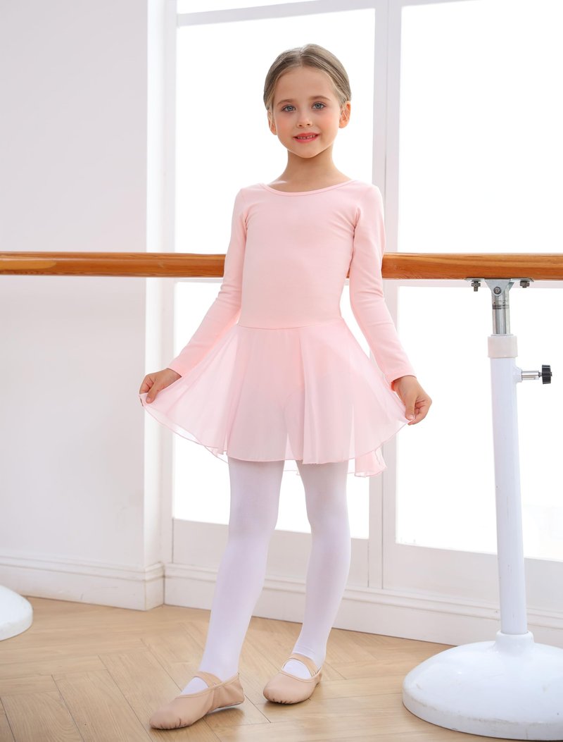 MdnMd Ballet Leotards for Girls Toddler Long Sleeve Dance Leotard Skirted Gymnastics Ballerina Outfit AM300 (Ballet Pink, 4-6 Years)