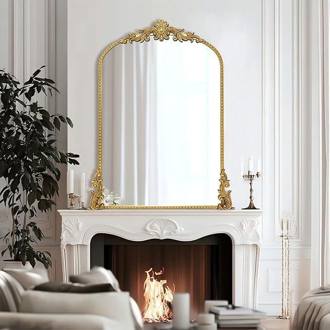 Growsun Vintage Gold Arched Mirror, 24’’x36’’ Antique Baroque Ornate Wall Mirror Decor with Full Metal Frame for Fireplace/Entryway/Living Room/Bathroom