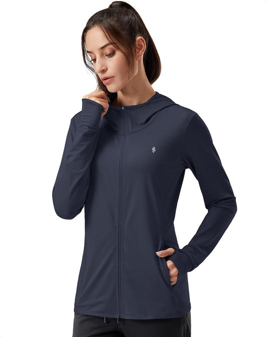 Soothfeel Women's UPF 50+ Sun Protection Hoodie Jacket Lightweight Long Sleeve Sun Shirt for Women with Pocket Hiking Outdoor Navy Blue 3XL